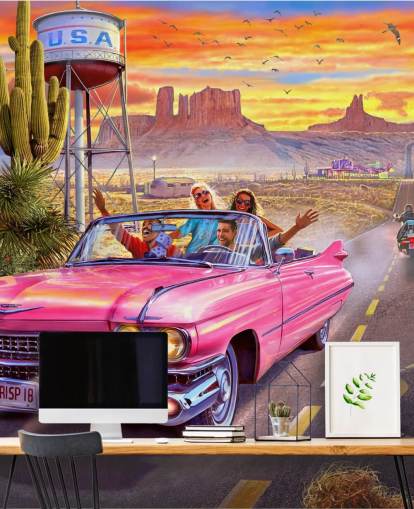 pink cabriolet bil på rute 66 tapet pink cabriolet bil på rute 66 tapet