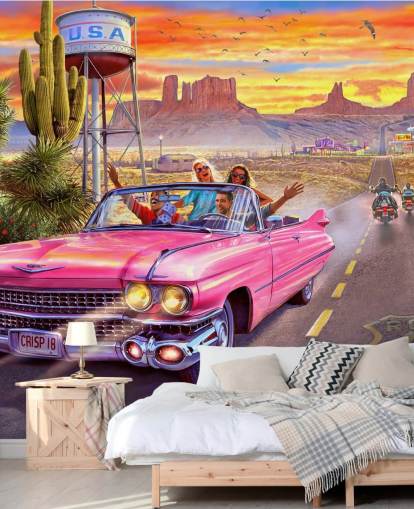 carro conversível rosa na rota 66 papel de parede