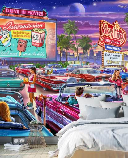 bunte digitale Kunst von Autos der 1950er Jahre auf einer Einfahrtapete