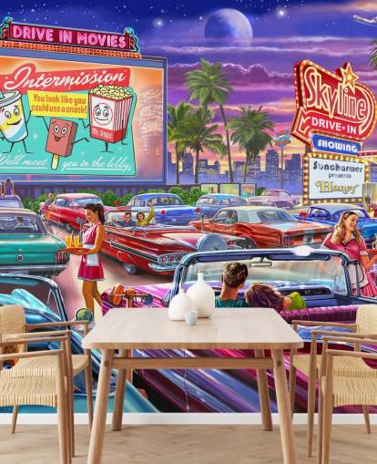 colourful digital art of 1950s cars at a drive in wallpaper