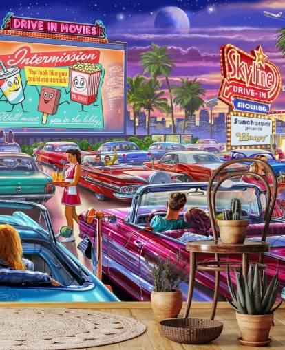 bunte digitale Kunst von Autos der 1950er Jahre auf einer Einfahrtapete