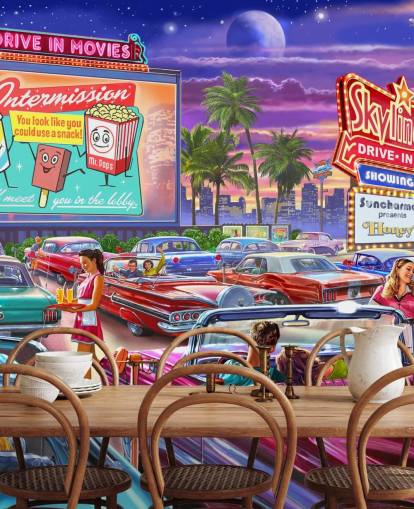 colourful digital art of 1950s cars at a drive in wallpaper colourful digital art of 1950s cars at a drive in wallpaper