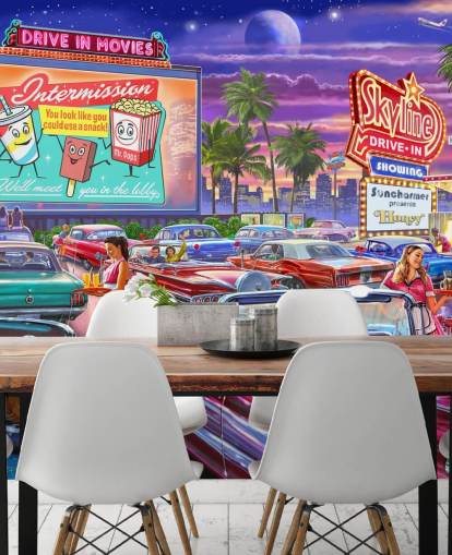 colourful digital art of 1950s cars at a drive in wallpaper