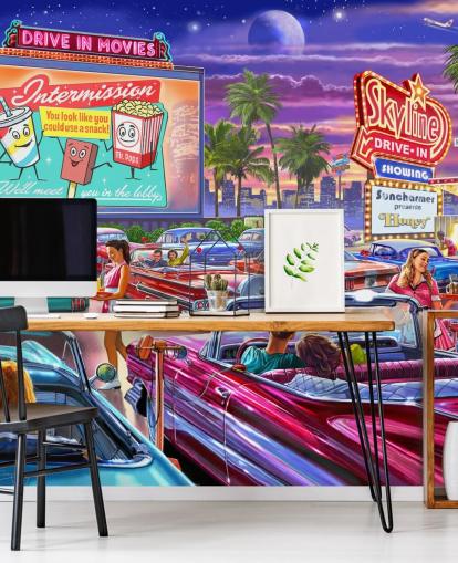colourful digital art of 1950s cars at a drive in wallpaper