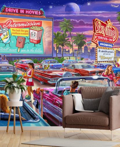 farverig digital kunst af 1950'erne biler på et drev i tapet