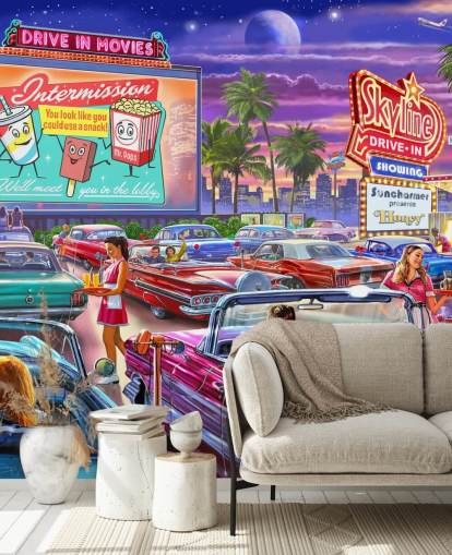 colourful digital art of 1950s cars at a drive in wallpaper