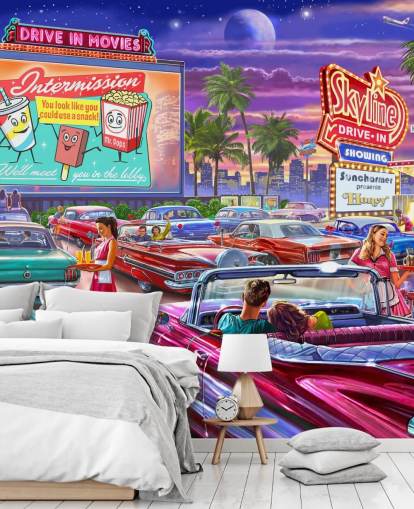 bunte digitale Kunst von Autos der 1950er Jahre auf einer Einfahrtapete