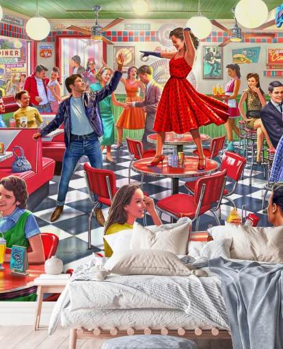 Rockers degli anni '50 che ballano in una tavola calda