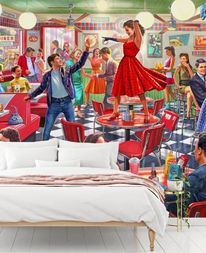 1950s rockers dancing in a diner wallpaper