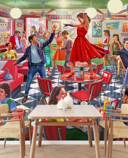 Rockers uit de jaren 50 dansen in een diner behang