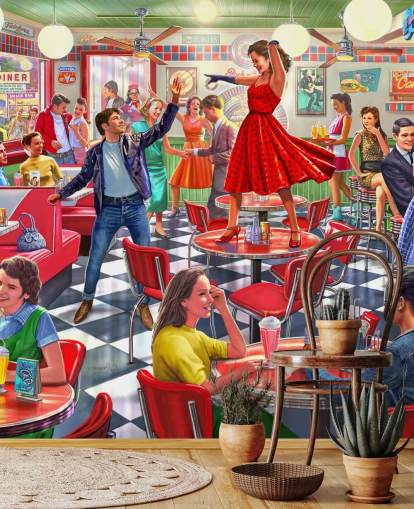 1950s rockers dancing in a diner wallpaper