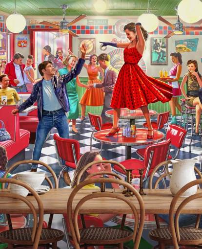 1950-talet rockers dansar i en diner tapet