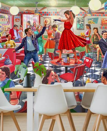 1950'erne rockere danser i en diner tapet