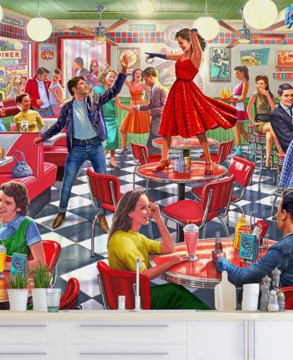 1950s rockers dancing in a diner wallpaper