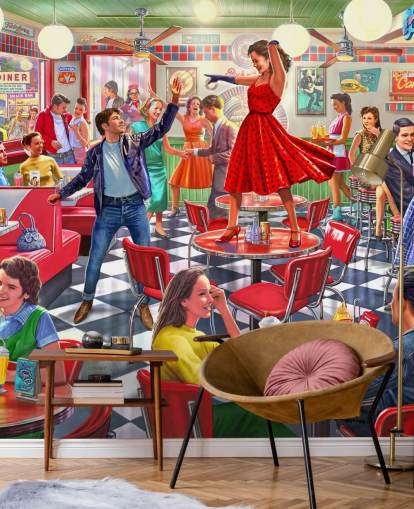 1950-tallet rockere danser i en diner tapet