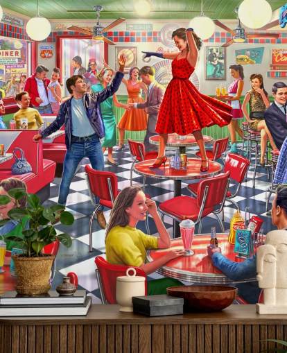 1950s rockers dancing in a diner wallpaper