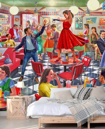 1950s rockers dancing in a diner wallpaper