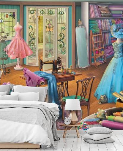 colourful haberdashery wallpaper