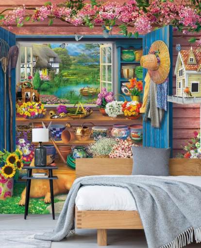 kleurrijk tuinhuisje behang