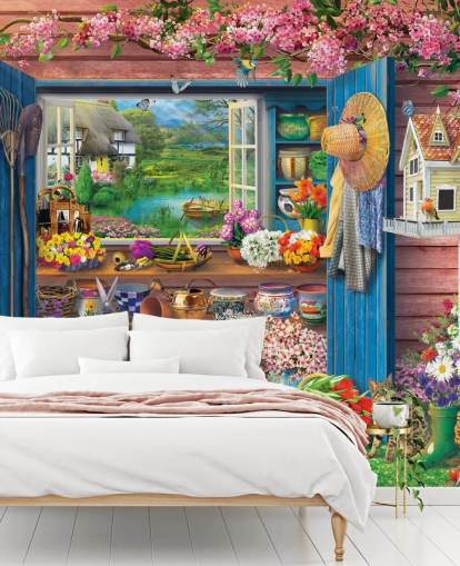 kleurrijk tuinhuisje behang