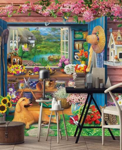 kleurrijk tuinhuisje behang