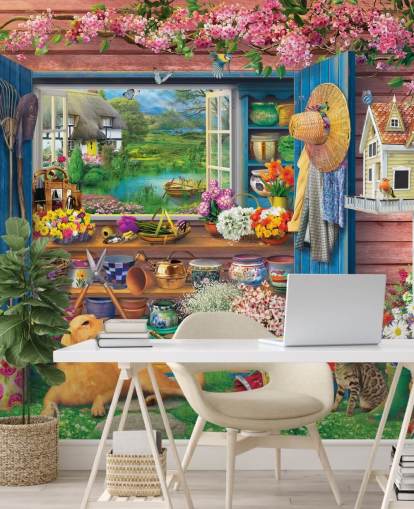 papel de parede colorido jardim galpão