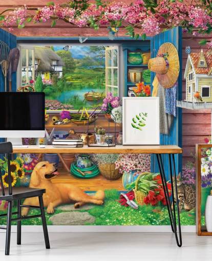 colourful garden shed wallpaper