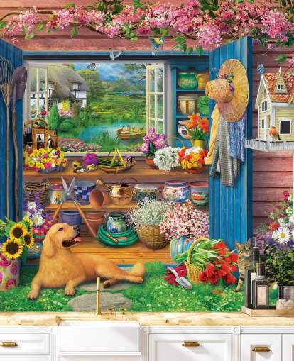 colourful garden shed wallpaper