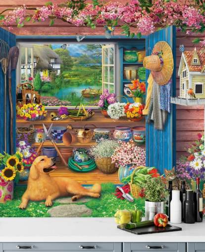 kleurrijk tuinhuisje behang