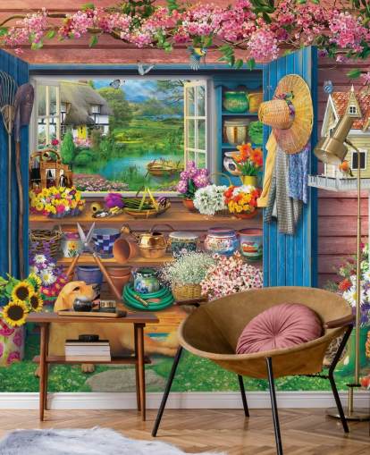 kleurrijk tuinhuisje behang