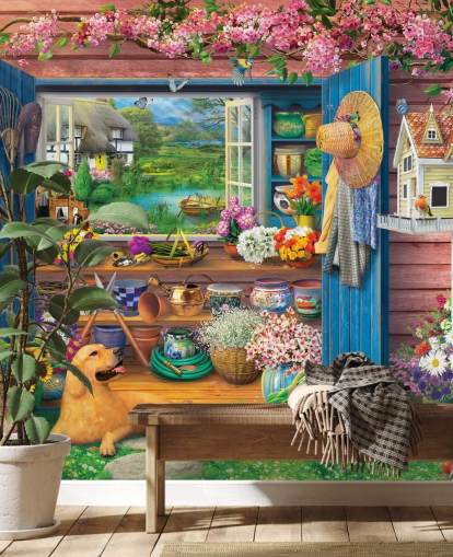 colourful garden shed wallpaper