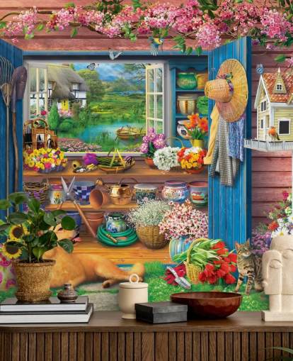 colourful garden shed wallpaper