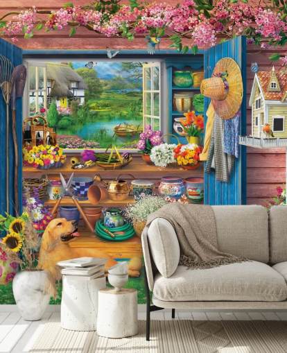 colourful garden shed wallpaper