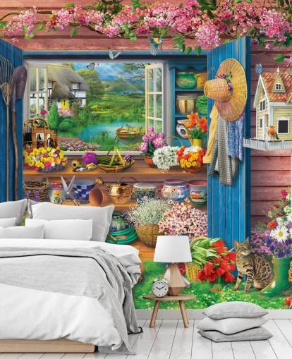 colourful garden shed wallpaper