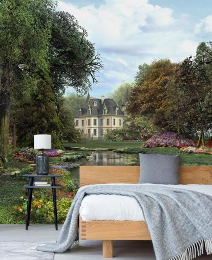 vieux château, rivière et jardin papier peint