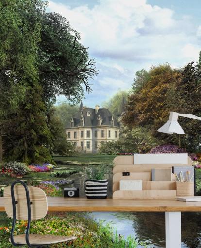 alte Schloss-, Fluss- und Garten-Tapete alte Schloss-, Fluss- und Garten-Tapete