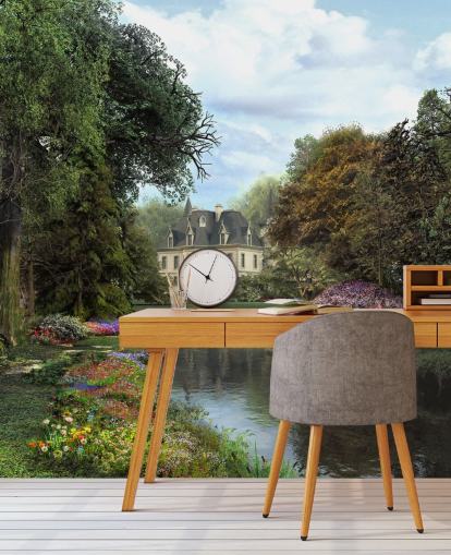 old chateau, river and garden wallpaper