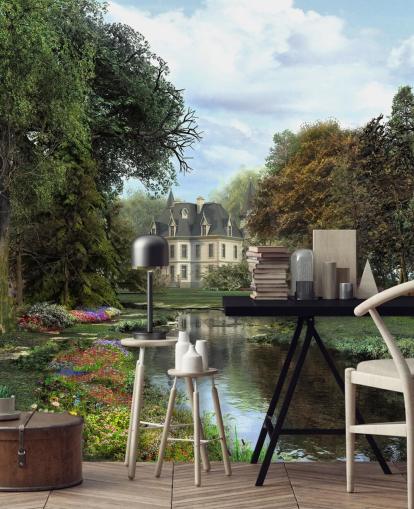 alte Schloss-, Fluss- und Garten-Tapete
