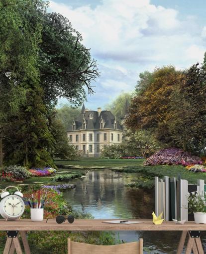 old chateau, river and garden wallpaper