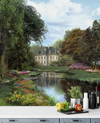 vieux château, rivière et jardin papier peint