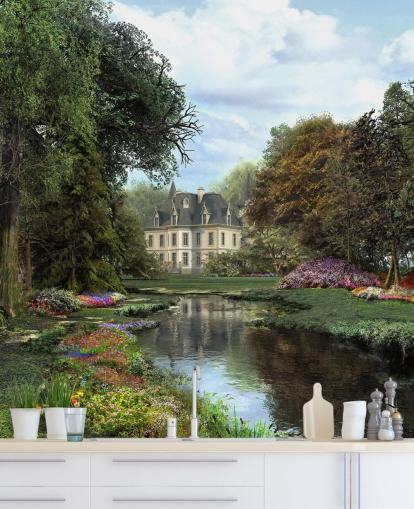 alte Schloss-, Fluss- und Garten-Tapete