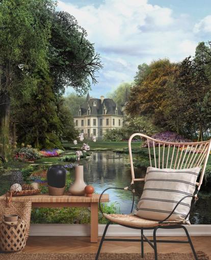 oud kasteel, rivier en tuinbehang oud kasteel, rivier en tuinbehang