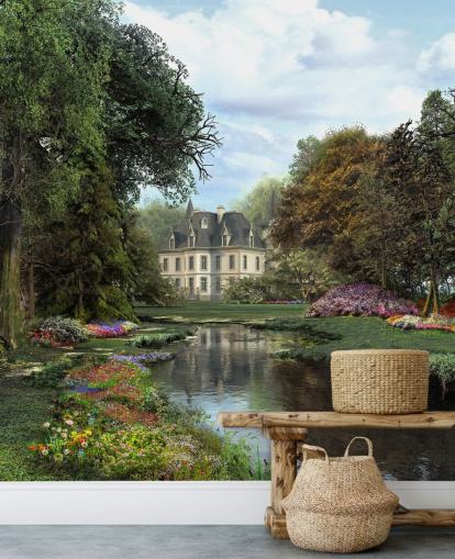 vieux château, rivière et jardin papier peint