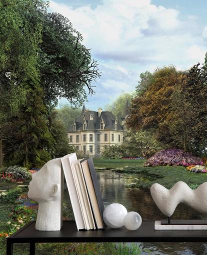 vecchia carta da parati castello, fiume e giardino