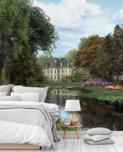old chateau, river and garden wallpaper