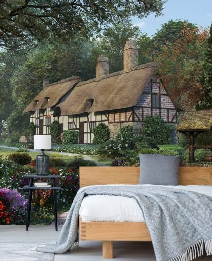 pretty thatched cottage and garden wallpaper
