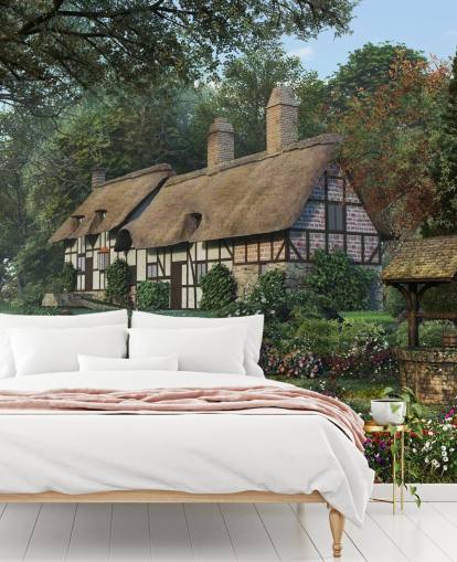 pretty thatched cottage and garden wallpaper