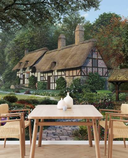 pretty thatched cottage and garden wallpaper
