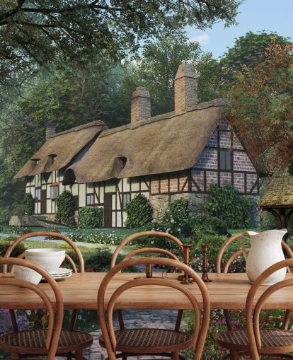 pretty thatched cottage and garden wallpaper
