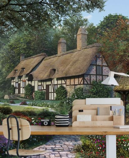 pretty thatched cottage and garden wallpaper